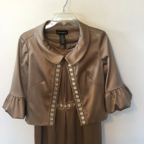 Cachet Beautiful Camel Mother of The Bride Party Holiday Jacket Dress Size 8 - Picture 4 of 9